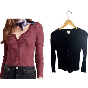 Anthropologie Postmark Black Ribbed Henley Long Sleeve